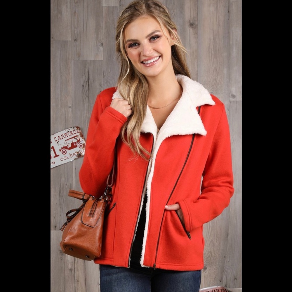 Red casual rider jacket. With contrast.